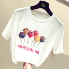 Женская футболка с короткими рукавами, 2 шт., лето, корейские свободные яркие шелковые повседневные топы с принтом, женская футболка с бисером