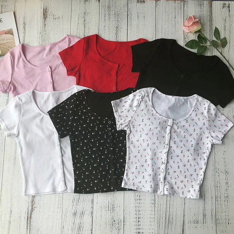 

Summer Women Sexy O-neck top tees Floral print short sleeves button Tops t-shirts cotton Black white Crop Top slim short T shirt