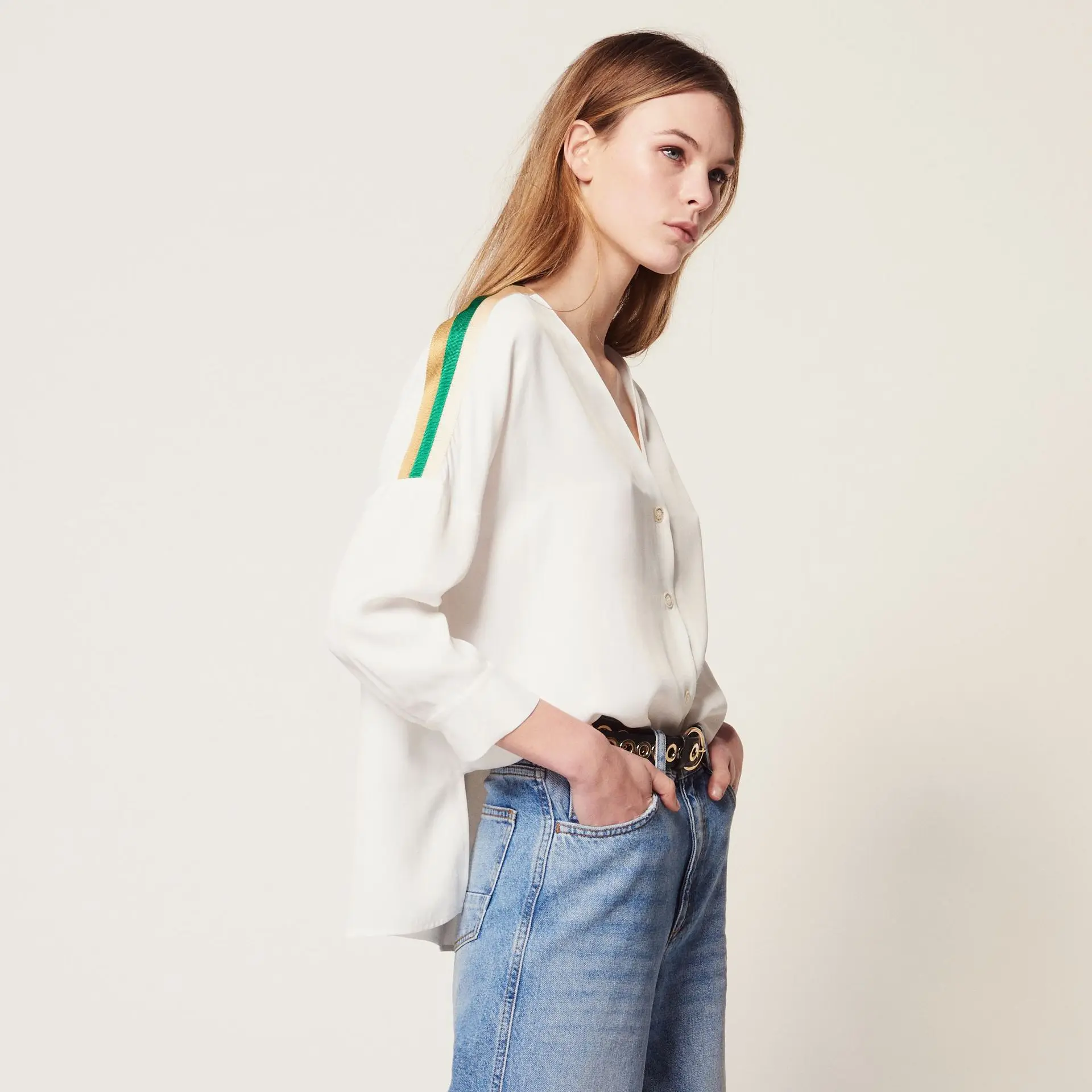 

Women Shirt 2019 Spring and Summer Striped Straight V-neck Long-sleeved Shirt
