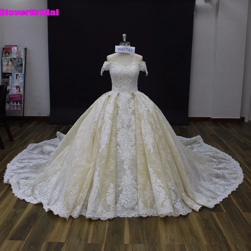 CloverBridal high quality cathedral train champagne wedding dresses