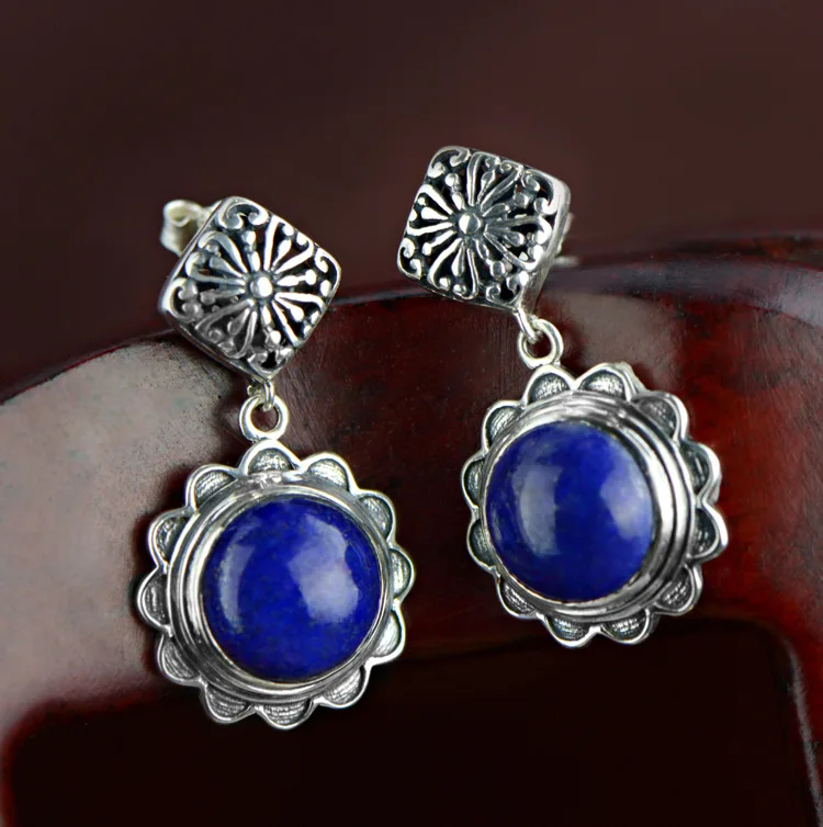 Retro 100% 925 Sterling Silver Drop Earrings For Women Natural Lapis Lazuli Stones Vintage Thai Silver Earring Jewelry Retro 100% 925 Sterling Silver Drop Earrings For Women Natural Lapis Lazuli Stones Vintage Thai Silver Earring Jewelry