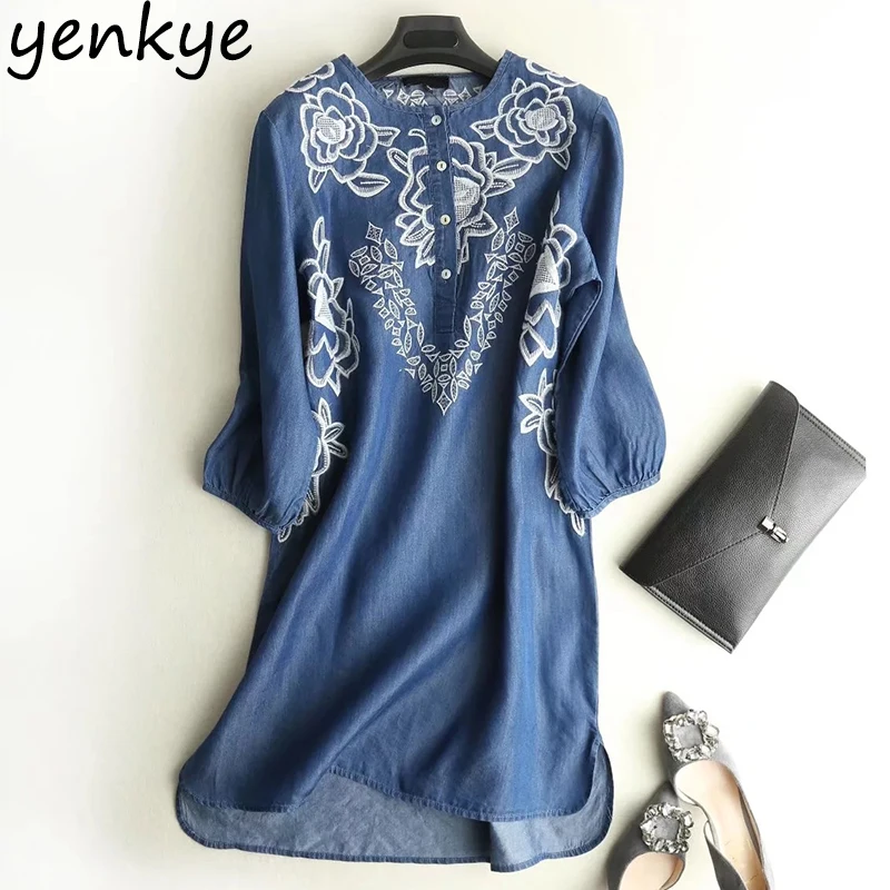 

Vintage Women Tencel Denim Dress O Neck Three-Quarter Sleeve Floral Embroidery Casual Dresses Plus Size vestidos APWM0
