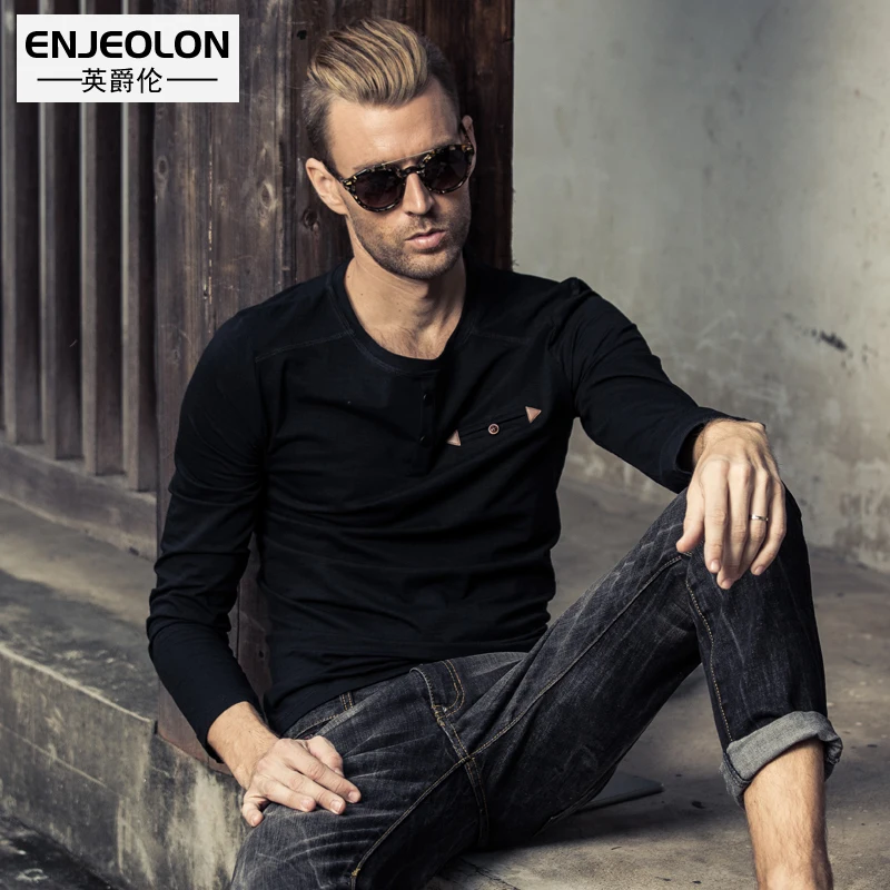 Enjeolon brand solid t font b shirts b font font b Mens b font Long Sleeve