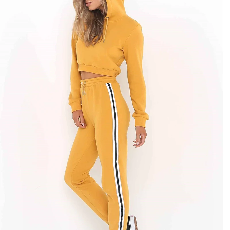 Women's Hooded Crop Tops Sweatshirt Long Pants Trousers Casual Clothing Suit New