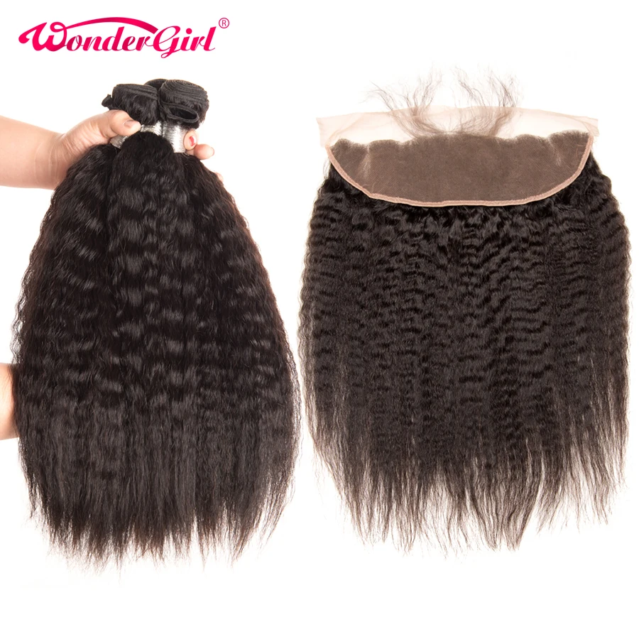 

Brazilian Kinky Straight Hair 3 Bundles With Frontal 13x4 Lace Frontal Closure With Bundles Remy Human Hair Bundles Wonder girl