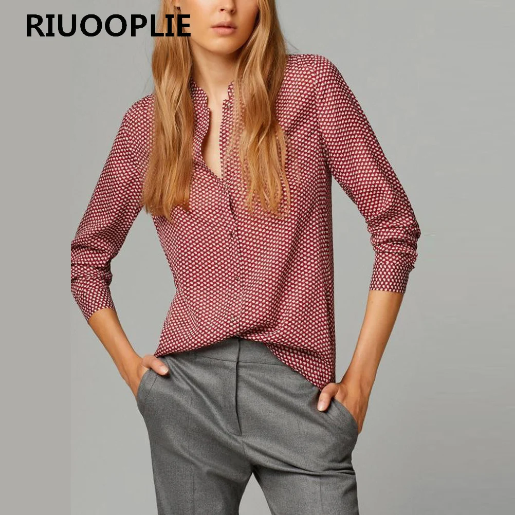 RIUOOPLIE Fun новые модные женские элегантные блузки с принтом красных листьев