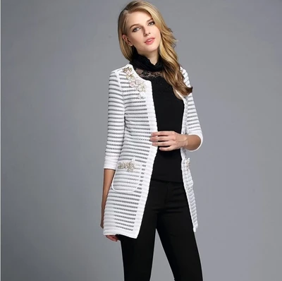 incredible 2018 Autumn Women's Long Coats Fashion Long Sleeve Beaded Hollow Out Embroidery Tops Striped Ladies