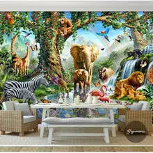 Пользовательские фото обои 3d настенные фрески обои мультфильм большой слон зебра лев река животный мир детская живопись Настенный декор