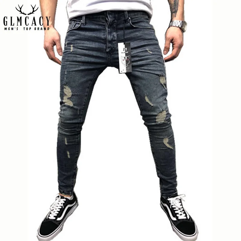 Mens Side Zipper Punk Biker Jeans Ripped Blue Skinny Slim Denim Distressed Washed Hip Hop Long Trousers Pants | Мужская одежда