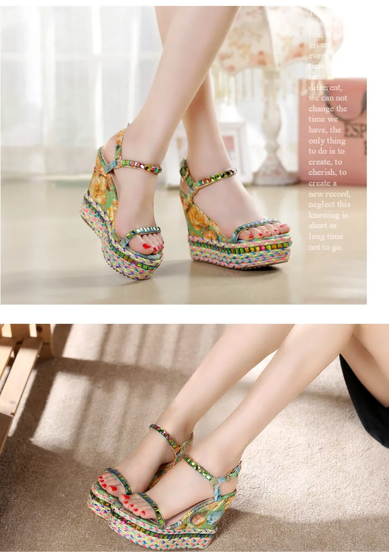 17_2016 Summer New Fashion Rhinestone High Heel Open Toe Sandals Casual Bohemian Wedge Elegant Shoes For Ladies High Quality