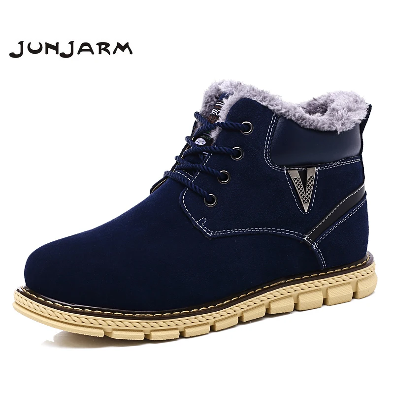 

JUNJARM 2018 New Arrival Warm Men Boots Soft Leather Mens Snow Boots Plus Fur Men Winter Boots Casual Leather Men Ankle Boots