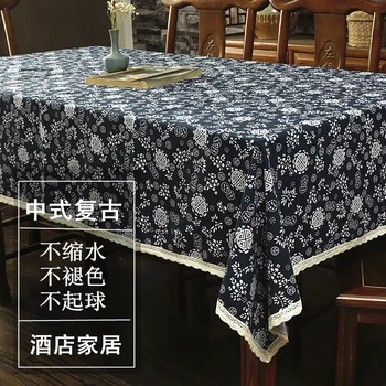 

Retro Chinese tablecloth deep blue floral printed cotton linen table cloth lace square classical table cover mat