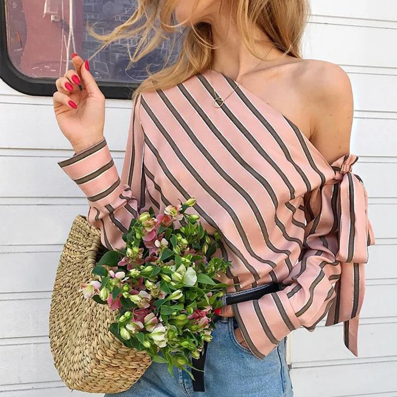 

Off Shoulder Striped Bow Summer Tops Women Casual Loose Skew Collar Sexy T-Shirts Female Simple Lace-Up Fashion Ladies Tees Tops