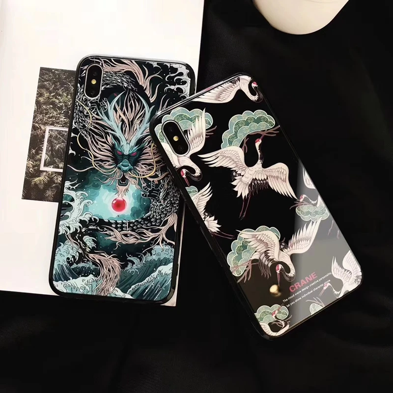 

Japanese Style Tempered Glass Phone Case For iphone 7 XS MAX XR Case Dragon Cartoon For iphone 6 6s 7 8 6 Plus 7plus 8plus Case