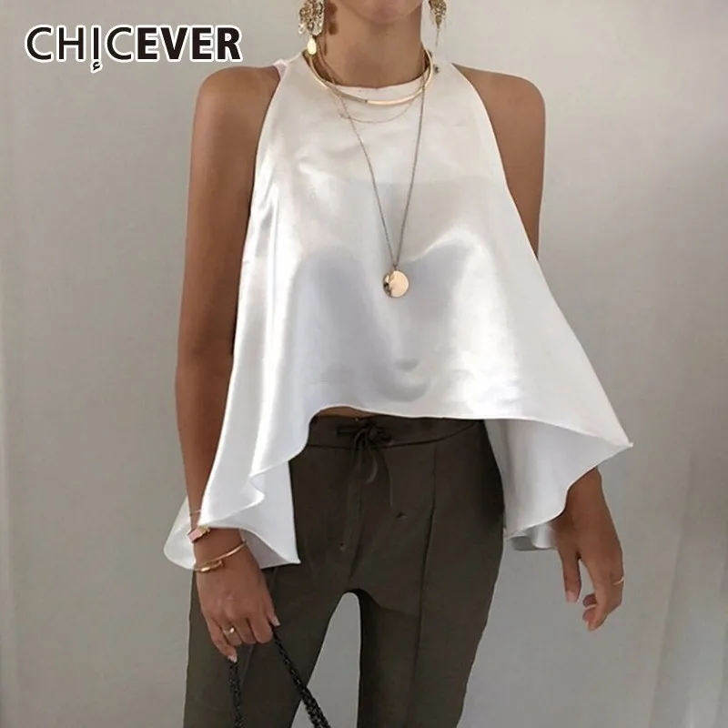 

CHICVER Summer Casual Solid Women's Blouse Halter Sleeveless Ruffles Irregular Hem Short Female Top Clothing 2019 Fashion New