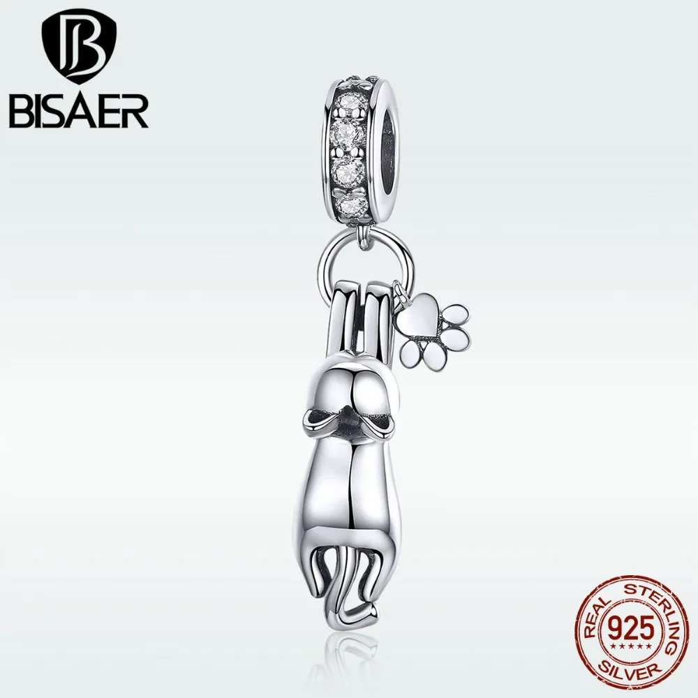 

BISAER Genuine 925 Sterling Silver Pendant CharmsSticky Cat Charms fit for Original Charm Bracelet 2019 New Femme Bijoux HSC930
