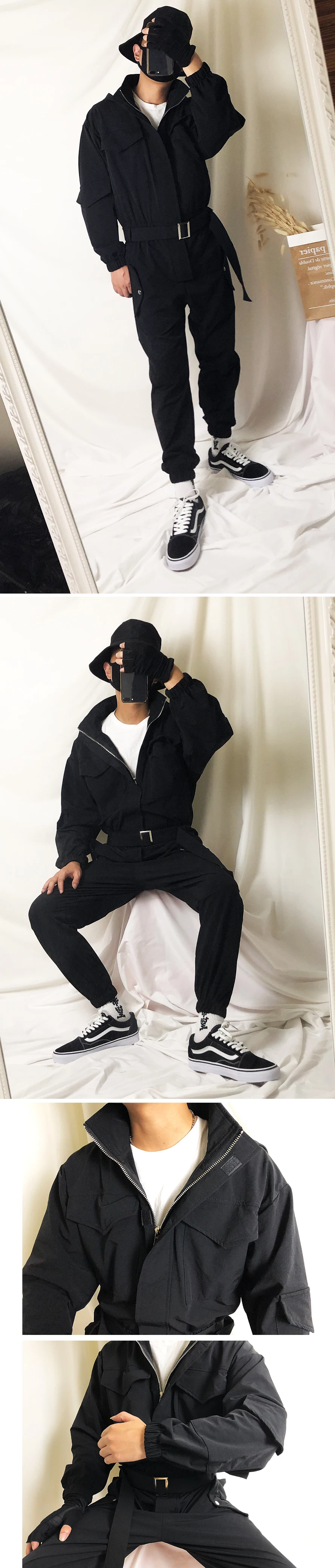 Мужские осенние черные винтажные панк рок хип хоп комбинезоны корейский стиль куртка с капюшоном комбинезон для ночного клуба DJ певец брюки карго джоггеры
