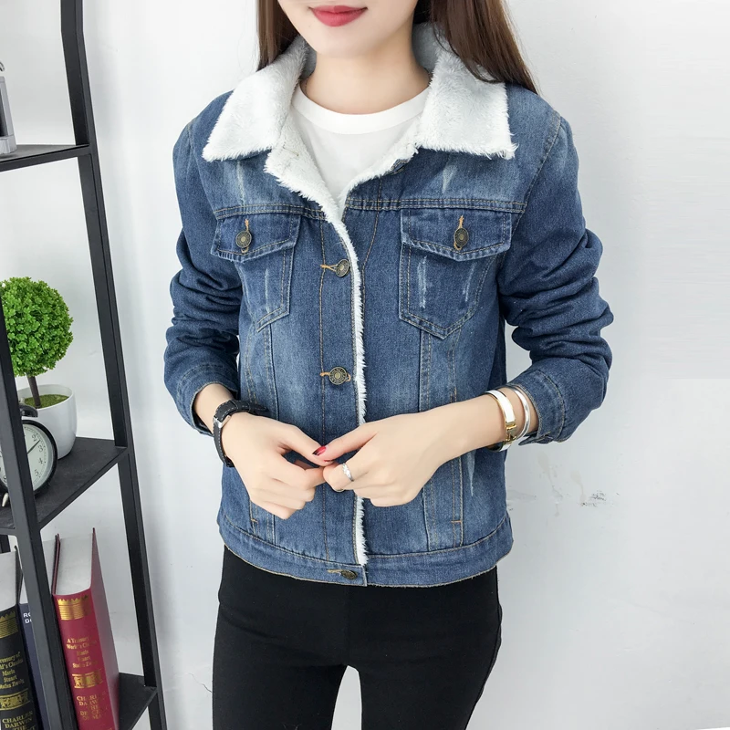 Korean tide lapel Autumn winter wear plus velvet denim jacket coat loose wild coat bomber jacket woman veste femme chaquetas 