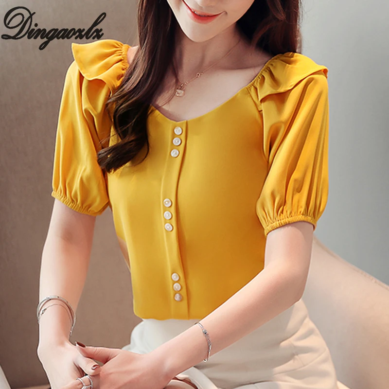 

Dingaozlz Korean fashion Clothing V-neck Ruffles Short Sleeve Women Tops Button Solid color Casual Chiffon blouse shirt