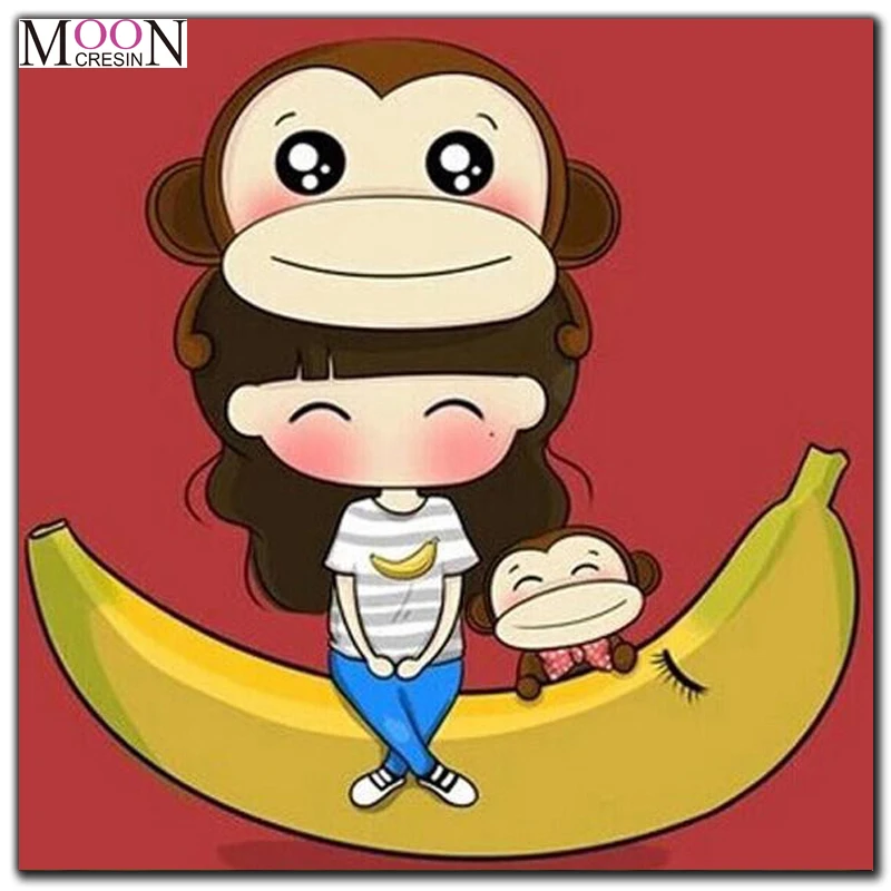 

MOONCRESIN Diy Diamond Painting Cross Stitch Girls & Monkey Sitting Moon Diamond Mosaic Full Round Diamond Embroidery Decoration