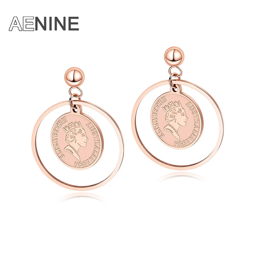 

AENINE Rose Gold Color Round Coin Queen Avatar Earrings For Women Stainless Steel Ear Jewelry Accessories Gift Kolczyki AOGE500