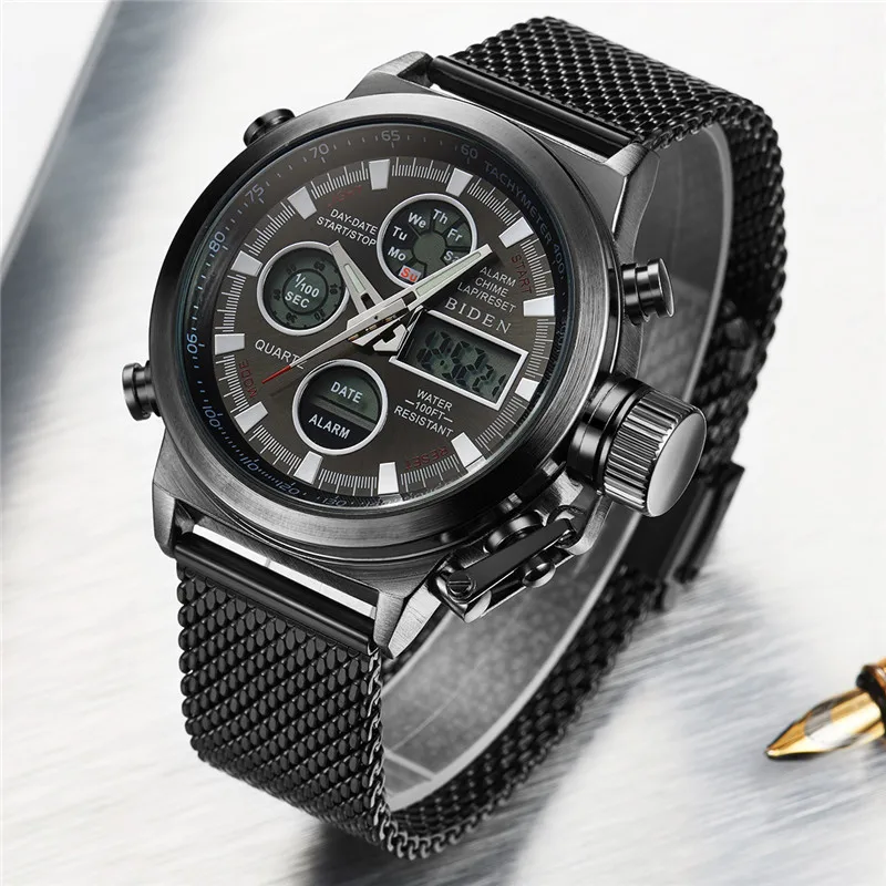 Высококачественные мужские часы BIDEN, Мужские кварцевые спортивные военные армейские светодиодный аналоговые наручные часы из нержавеющей стали, хорошие подарки, Прямая поставка - Цвет: MESH BLACK