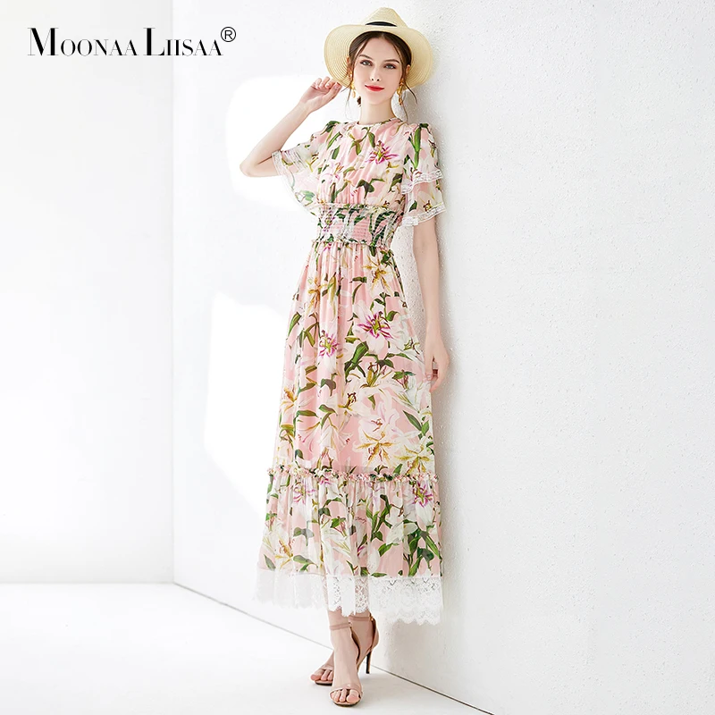 

moonaaliisaa Summer Fashion Dress Women's Short Sleeve Ruffles Floral Printed Mesh Overlay Elegant Vintage Collect waist Dress