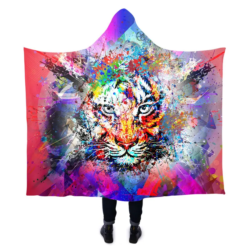 

EHOMEBUY 2019 Hooded Blankets 3D Animal Colored Tiger Hooded Blanket Home Wearable 3D Printing Portable Blankets Soft Warm