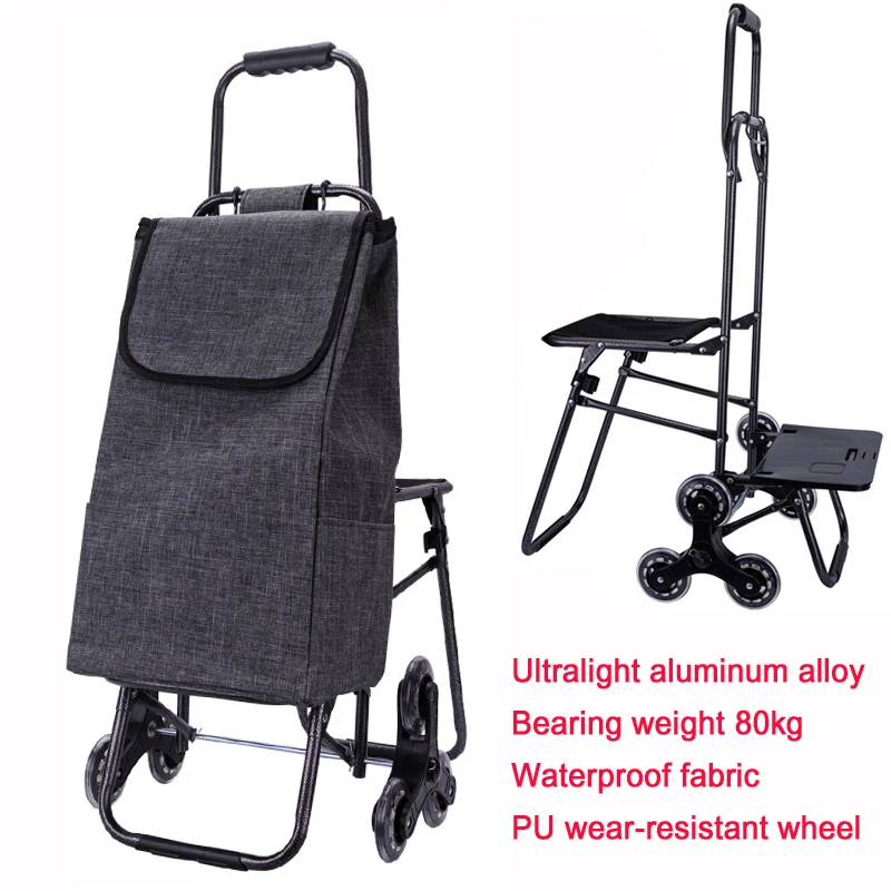 

A,Climb Stairs Shopping Cart with Waterproof Bag homeTrolly with seat aluminum alloy Shopping Cart Pull Rod Cart bearing 80kg