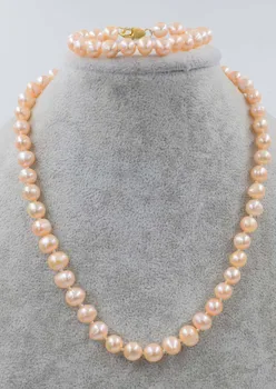 

one set freshwater pearl pink necklace bracelet 8-9mm nar round FPPJ wholesale beads nature