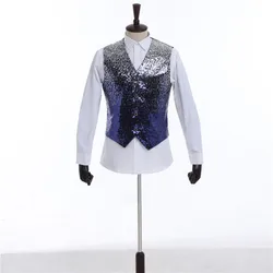 Shiny Blue Vest Men Brand New Night Club Coated Men's Waistcoat Vest Stage Wedding Host V Neck Vests Shiny Blue Vest Men Brand New Night Club Coated Men's Waistcoat Vest Stage Wedding Host V Neck Vests