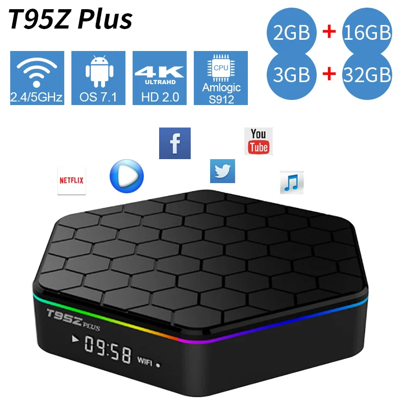 T95Z Plus Smart Android 7 1 ТВ-приставка 2 ГБ/16 ГБ 3 Гб/32 Восьмиядерный процессор Amlogic S912 4G/5 ГГц