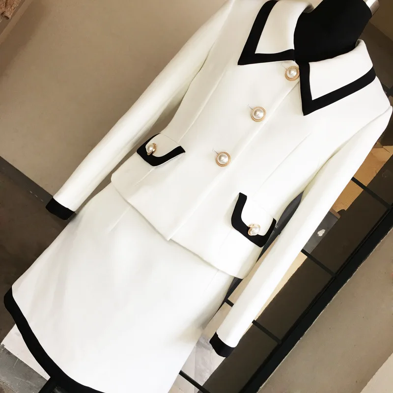 

2019 Autumn Office Lady Elegant Black White Patchwork Skirts Set Women 2 Piece Set Short Single Breasted Coats + Mini Skirt Y292