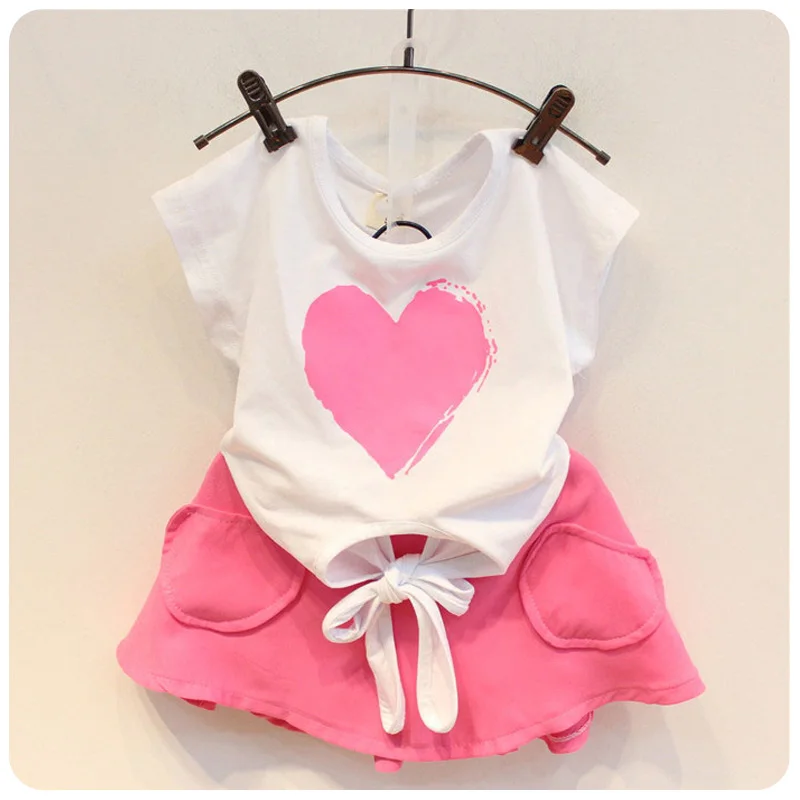 

2017 New Fashion Summer Children Clothing Kids Set Girls Heart Print Lace Up Top+ Pink Skirt 2Pcs Set Hot Sale Infant Clothes