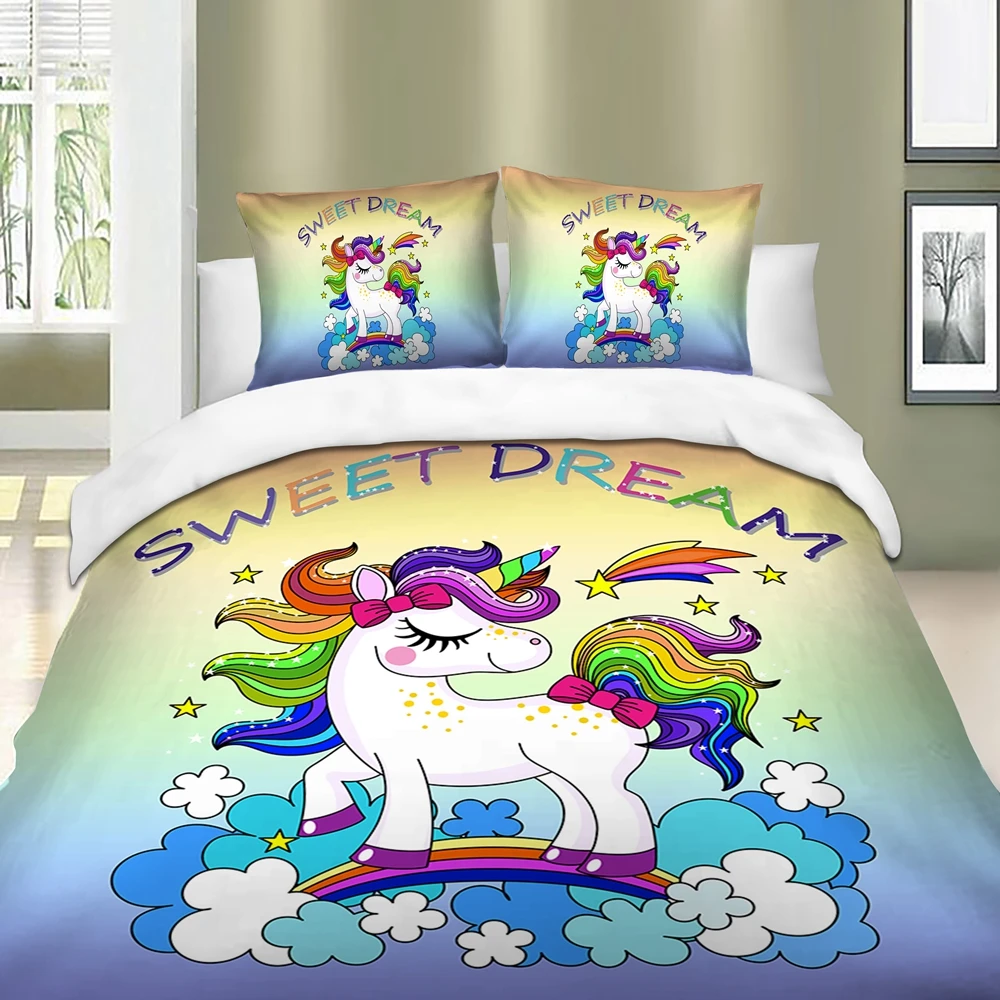 Радужное постельное белье с изображением единорога, мультяшный комплект, односпальная кровать, пододеяльник, милая мечта для детей, девочек, 3 шт., красочное постельное белье