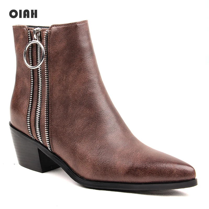 

2019 Spring/Autumn Women Boots Fashion High Heels Back Zipper Ankle Boots Casual Square Heel Pointed Toe Ladies Boot Botas mujer