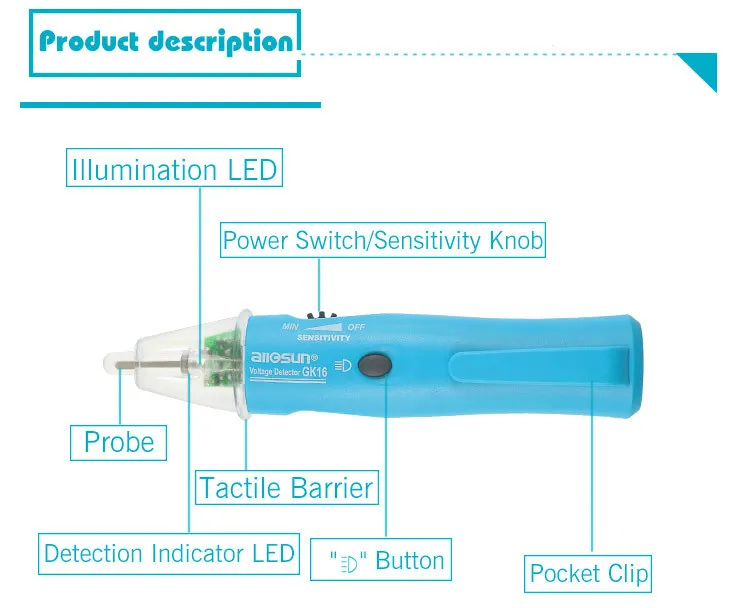 Все солнце GK16 Бесконтактный детектор напряжения/электрическая ручка 50 Гц-400 Гц AC 5 В-1000 В с регулируемой чувствительностью и фонариком