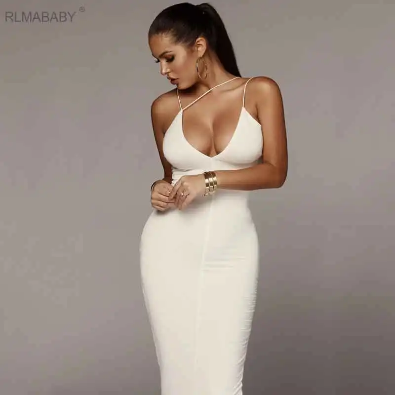 Rlmaaby, сексуальное длинное платье с открытой спиной для ночного клуба, женское платье с v-образным вырезом, без рукавов, на тонких бретелях, элегантные вечерние платья, облегающее вечернее платье - Цвет: White
