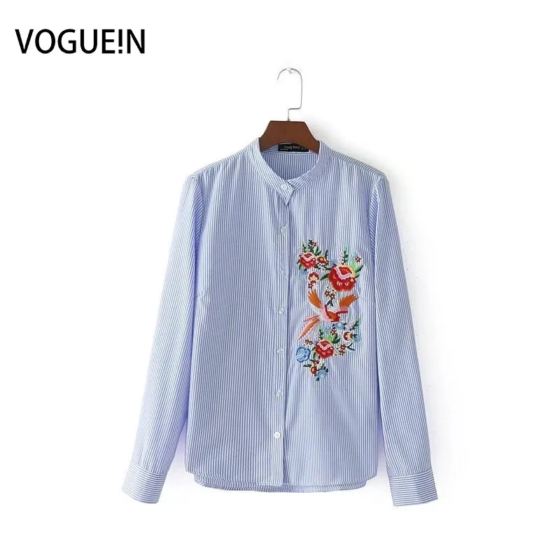Voguein новые женские в полоску с цветочным принтом птица вышитые Стенд воротник