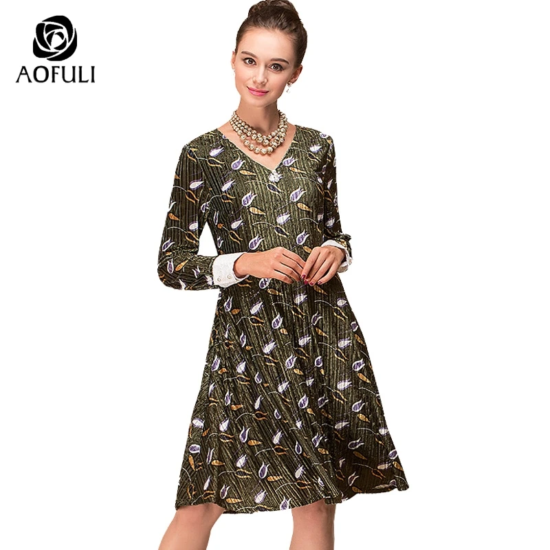 

AOFULI L- Xxxl 4xl 5xl Long Sleeves Velvet Women Dress Floral Print A-line Dresses Spring Striped Texture Corduroy Vestidos 6272