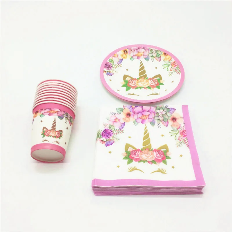 

40pcs/lot Pink Unicorn Theme Disposable Tableware Sets Paper Cup Plate Napkins Kid Birthday Party Family Party Decoration Supply