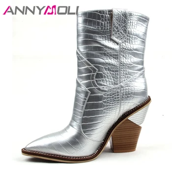 

ANNYMOLI Winter Ankle Boots Women Natural Genuine Leather Strange Style Heel Short Boots Super High Heel Ladies Shoes Fall 35-43