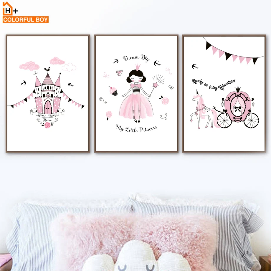

COLORFULBOY Princess Castle Carriage Canvas Art Print Cartoon Nordic Posters And Prints Girl Room Wall Pictures Kids Room Decor