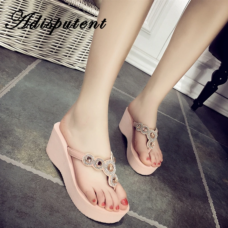 

Adisputent Summer Woman Flip-Flops With White Diamond Rhinestones Slippers High Waterproof Slippers Girl Slipper T-Type Slippers