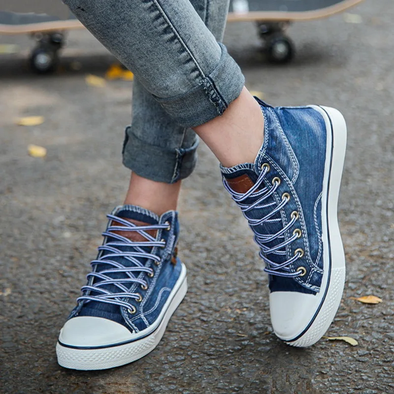 

Sneakers New Fashion Spring Women High Top Canvas Shoes Woman Ladies Casual Fabric Denim Ankle Lace Up Canvas flats Shoes