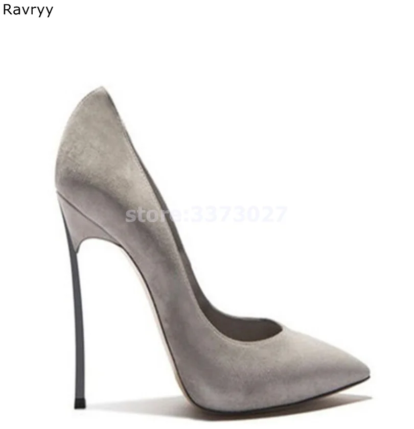 

Gray women's high heels metal thin heel suede leather pointed toe sexy pumps female party dress shoes slip-on single shoes