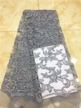 

New French Lace Fabric velvet African Net Fabric With sequins Nigeria Tulle Mesh Wedding Party Dress High Quality grey pink