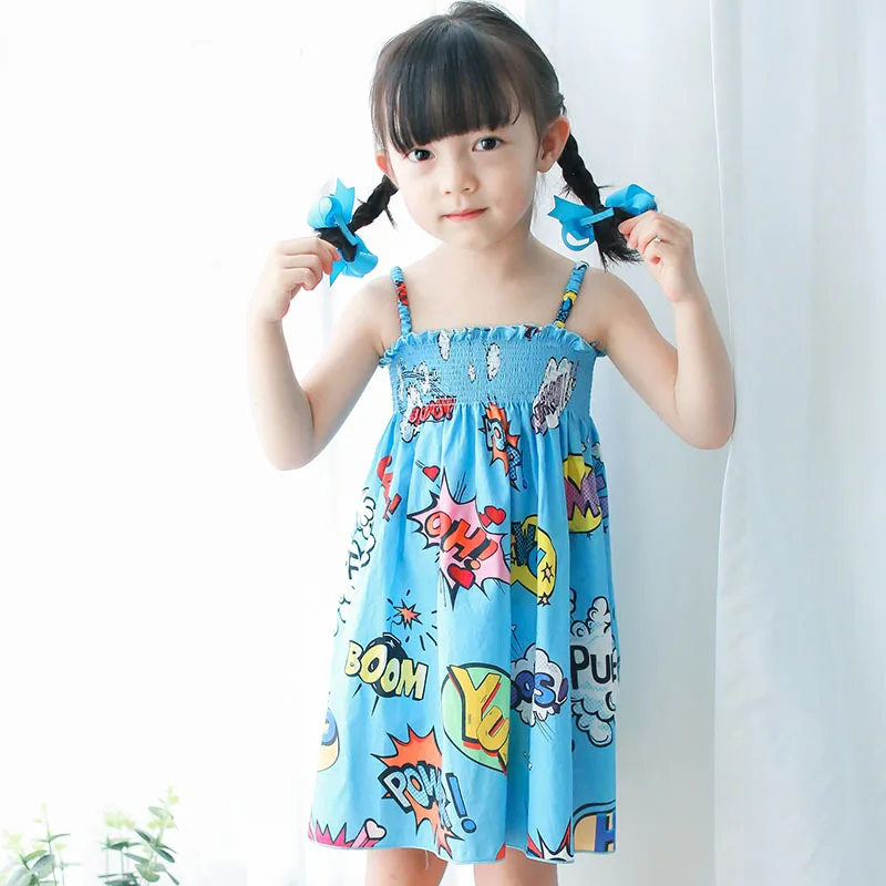 Летнее платье синего цвета с принтом «граффити»; детское голубое платье для девочек вечерние Эксклюзивное Платье без Плеч, летние платья для девочек, Пляжное Платье
