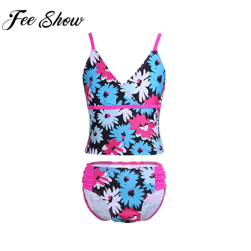 FEESHOW 2018 Kids Girls 2pcs Tankini Floral Printed Swimsuit Swimwear Bathing Suit Set Beach Wear Baby Girls Swimming Costumes