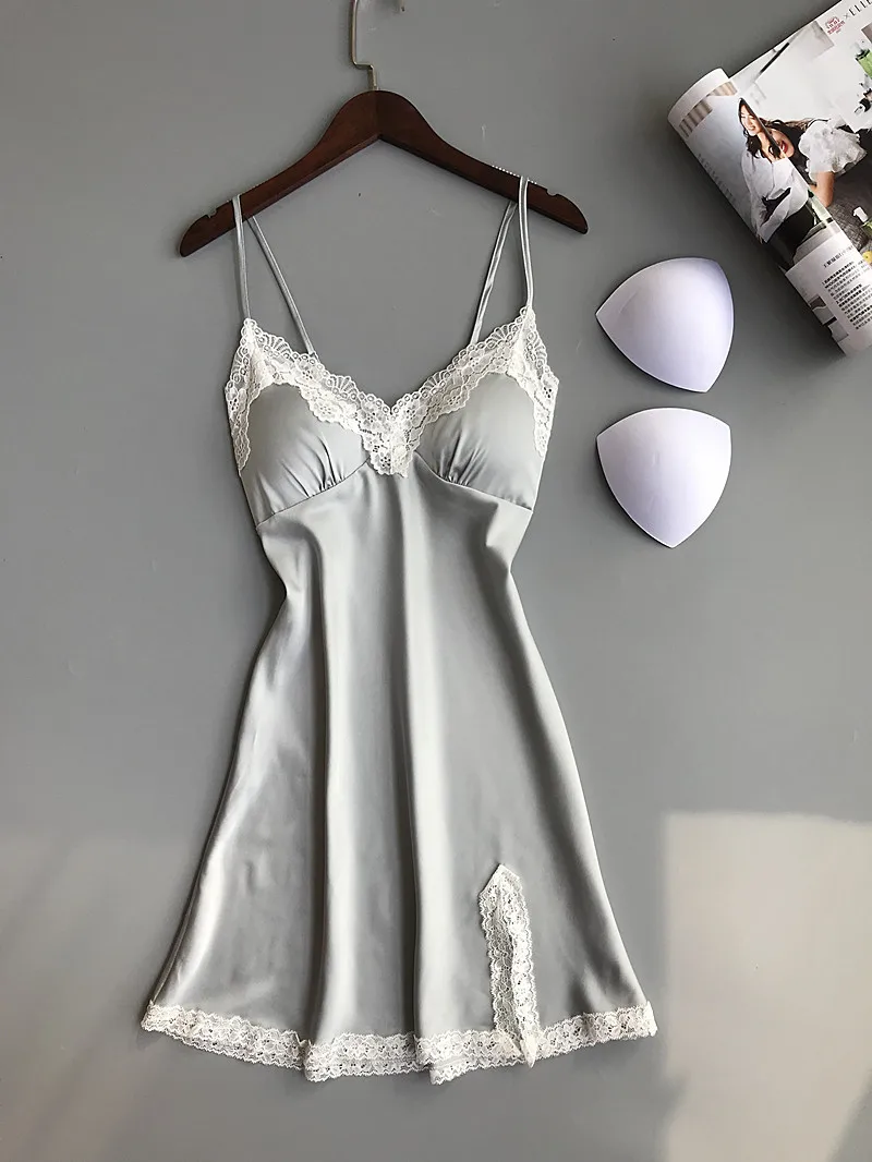 Lace Patched Woman Silky Smooth Slips with Pads Negligee Camisole Women Full Slips Nightgown Dress Sexy Lingerie 5 colors